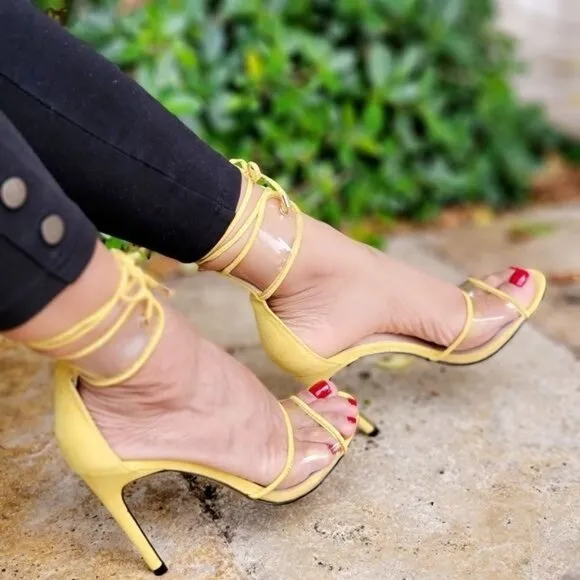 Suede Lace Up Yellow Vinyl Clear Sandals Heels