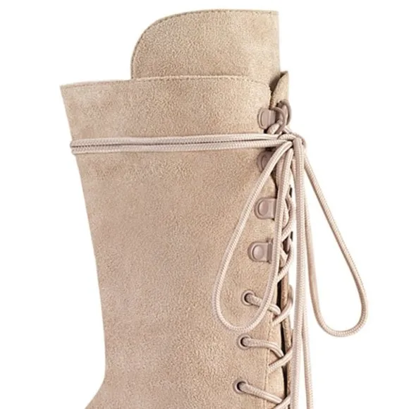 Suede Platform Lace Up Mid Calf High Heel Boots