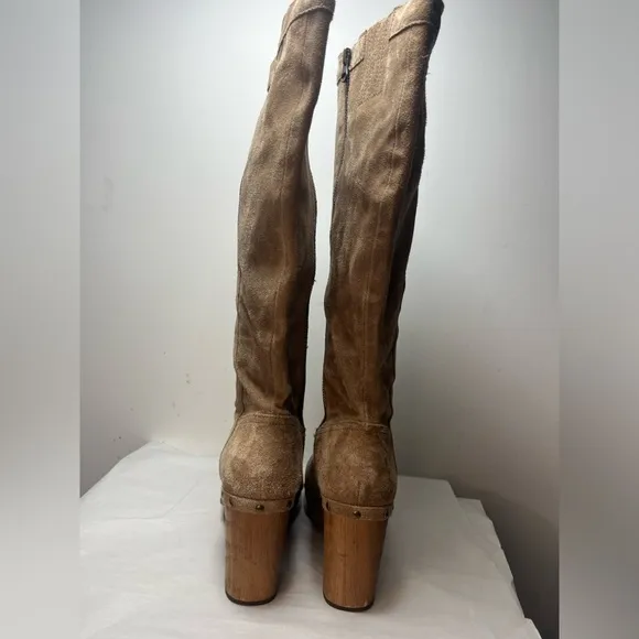 Sundance Kork-Ease Suede Wooden Platform Knee Boots Sz 8.5 Boho, Retro, Rivets