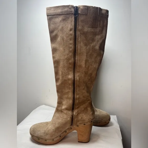 Sundance Kork-Ease Suede Wooden Platform Knee Boots Sz 8.5 Boho, Retro, Rivets