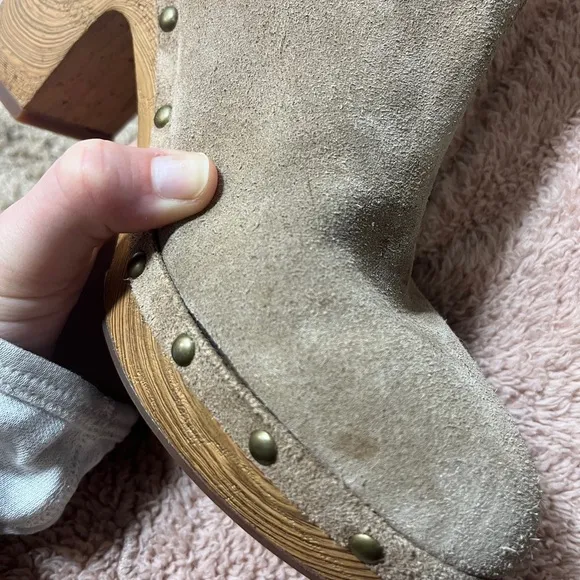 Sundance Kork-Ease Suede Wooden Platform Knee Boots Sz 8.5 Boho, Retro, Rivets