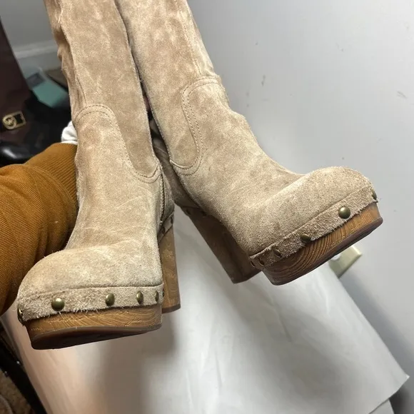 Sundance Kork-Ease Suede Wooden Platform Knee Boots Sz 8.5 Boho, Retro, Rivets