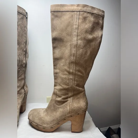 Sundance Kork-Ease Suede Wooden Platform Knee Boots Sz 8.5 Boho, Retro, Rivets
