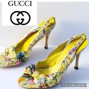Super Cute vintage Rare Gucci Flora Floral slingback peep toe bow heels shoes