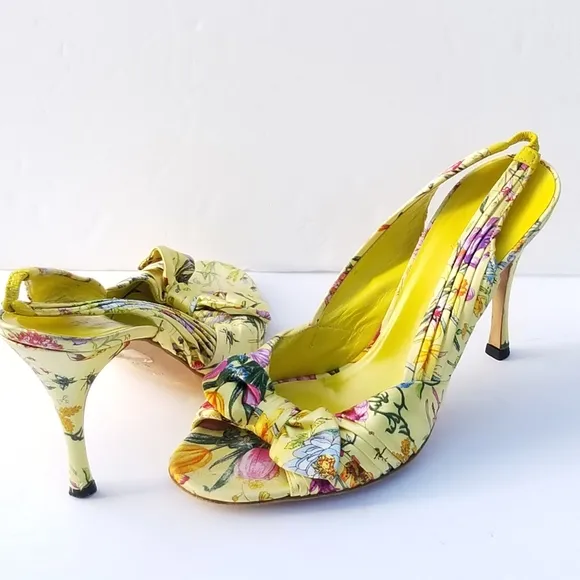 Super Cute vintage Rare Gucci Flora Floral slingback peep toe bow heels shoes