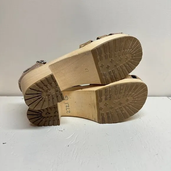 Swedish Hasbeens Gold and Silver Leather Wooden Clogs Sandals Women's 41 / US 11