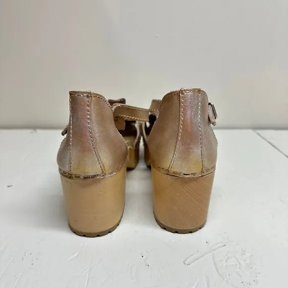 Swedish Hasbeens Gold and Silver Leather Wooden Clogs Sandals Women's 41 / US 11
