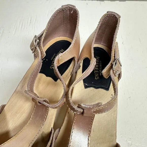 Swedish Hasbeens Gold and Silver Leather Wooden Clogs Sandals Women's 41 / US 11