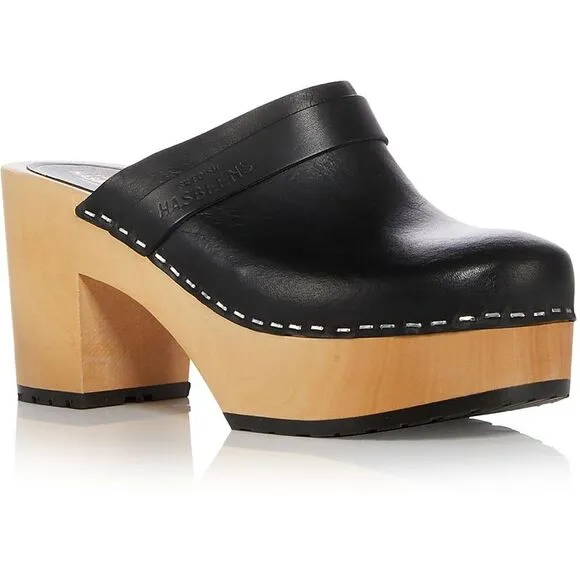 Swedish Hasbeens Womens Louise Black Leather Block Heel Clogs Shoes New