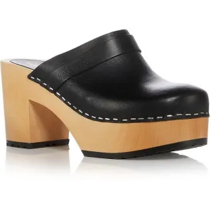 Swedish Hasbeens Womens Louise Black Leather Block Heel Clogs Shoes New