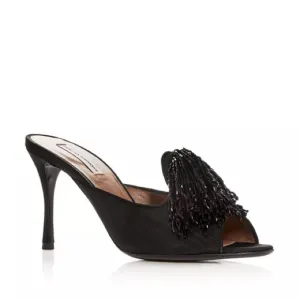 Tabitha Simmons Black Pammy Embellished Cascading Beaded Heeled Slides LIKE NEW