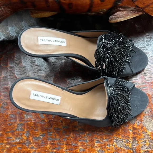 Tabitha Simmons Black Pammy Embellished Cascading Beaded Heeled Slides LIKE NEW