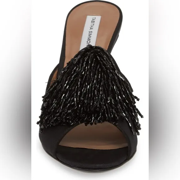 Tabitha Simmons Black Pammy Embellished Cascading Beaded Heeled Slides LIKE NEW