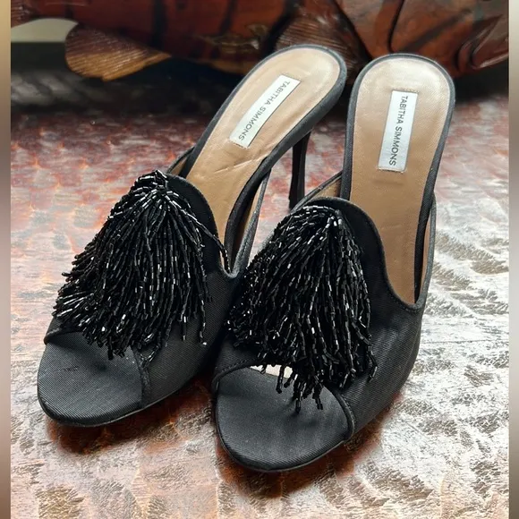 Tabitha Simmons Black Pammy Embellished Cascading Beaded Heeled Slides LIKE NEW