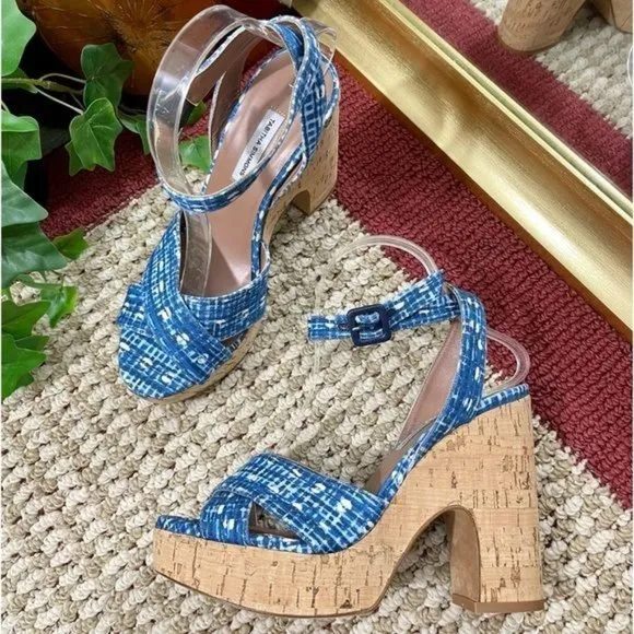 TABITHA SIMMONS Elena Crisscross Platform Wedge Sandals in Blue Size 39.5