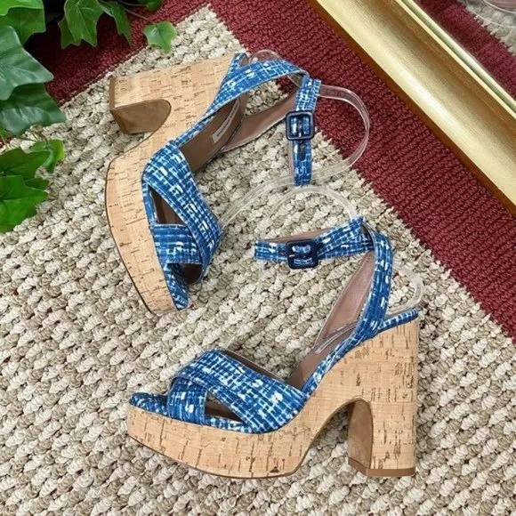 TABITHA SIMMONS Elena Crisscross Platform Wedge Sandals in Blue Size 39.5