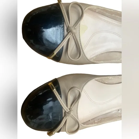 Tahari shoes ballet style womens low block heel black cream bow size 9 m