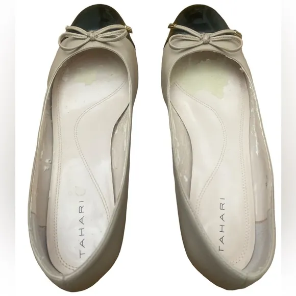 Tahari shoes ballet style womens low block heel black cream bow size 9 m