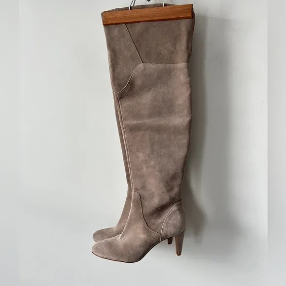 Tan / Grey Over the Knee Genuine Suede Boots With Low Heel Size 9