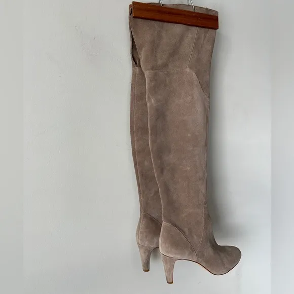 Tan / Grey Over the Knee Genuine Suede Boots With Low Heel Size 9