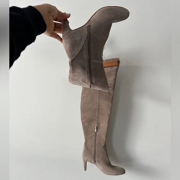 Tan / Grey Over the Knee Genuine Suede Boots With Low Heel Size 9