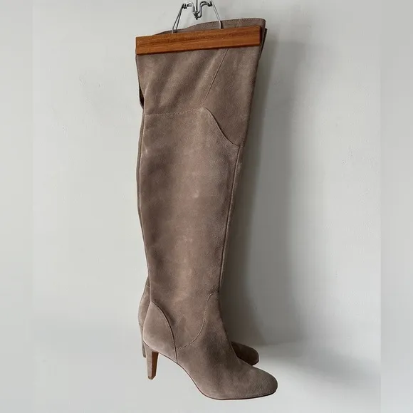 Tan / Grey Over the Knee Genuine Suede Boots With Low Heel Size 9