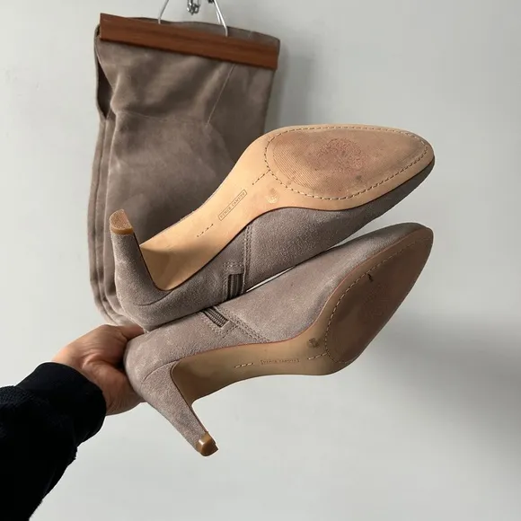 Tan / Grey Over the Knee Genuine Suede Boots With Low Heel Size 9