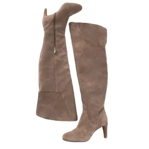Tan / Grey Over the Knee Genuine Suede Boots With Low Heel Size 9