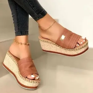 Tan Platform Slide Sandals with Espadrille Detail