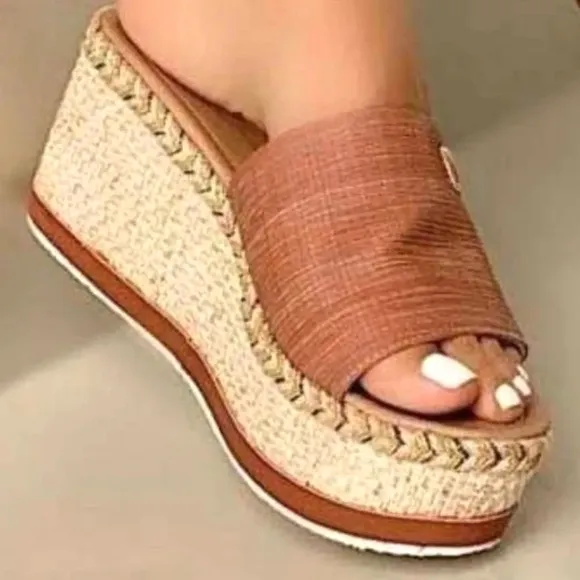 Tan Platform Slide Sandals with Espadrille Detail