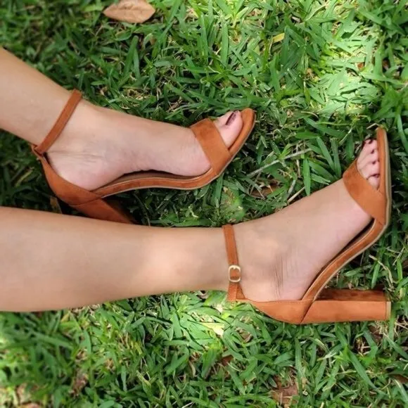 Tan Suede Ankle Strap Block Heel Dress Sandals