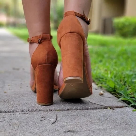 Tan Suede Ankle Strap Block Heel Dress Sandals