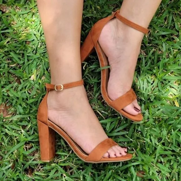 Tan Suede Ankle Strap Block Heel Dress Sandals