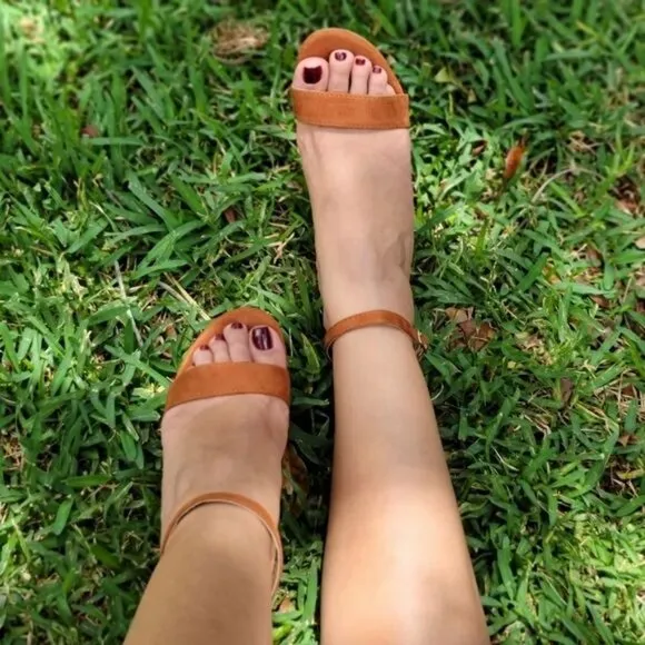 Tan Suede Ankle Strap Block Heel Dress Sandals