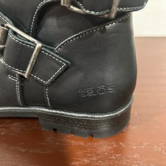 Taos Outlaw Black Leather Side Zipper Buckles Ankle Boots Size 9 - 9.5