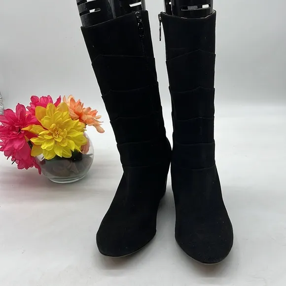 Taryn Rose Black Shin High Suede Wedge Boot Size 10. TB2694