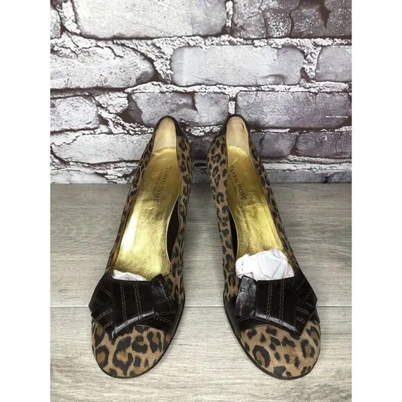 Taryn Rose Leopard Print Brown Bow Peep Toe Heels Shoes Women Sz 9M US/38.5EU