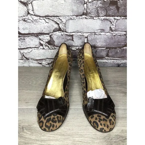 Taryn Rose Leopard Print Brown Bow Peep Toe Heels Shoes Women Sz 9M US/38.5EU