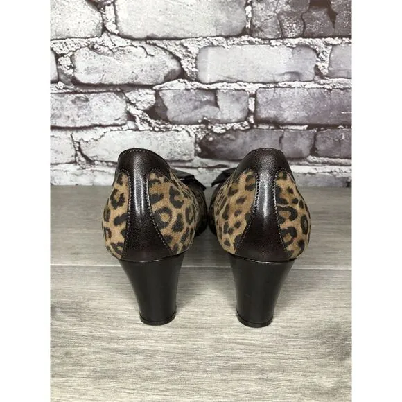 Taryn Rose Leopard Print Brown Bow Peep Toe Heels Shoes Women Sz 9M US/38.5EU