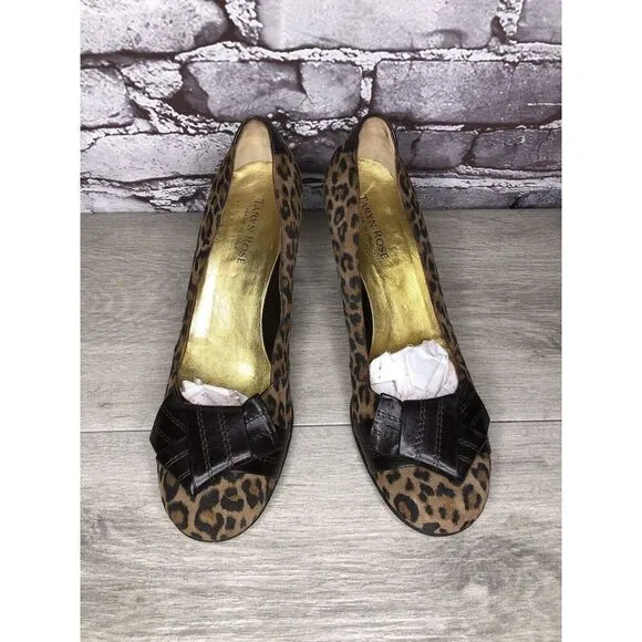 Taryn Rose Leopard Print Brown Bow Peep Toe Heels Shoes Women Sz 9M US/38.5EU