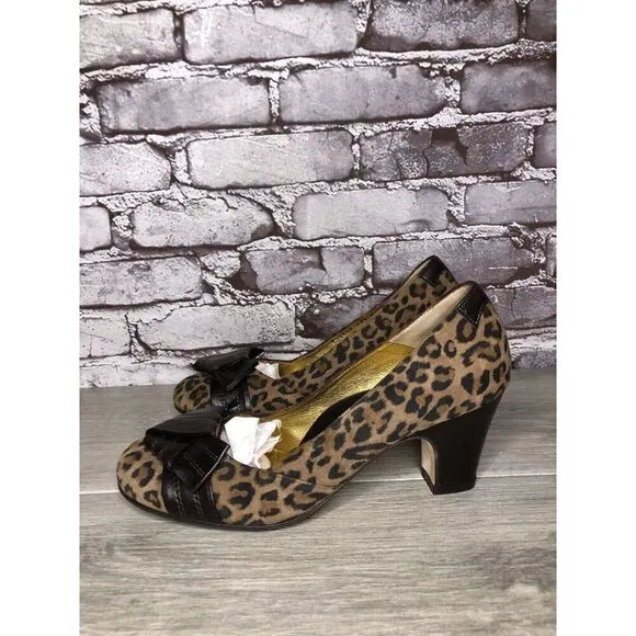 Taryn Rose Leopard Print Brown Bow Peep Toe Heels Shoes Women Sz 9M US/38.5EU