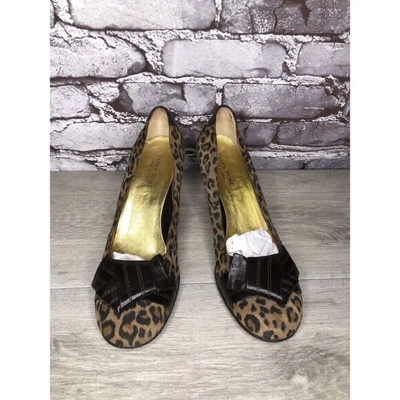 Taryn Rose Leopard Print Brown Bow Peep Toe Heels Shoes Women Sz 9M US/38.5EU