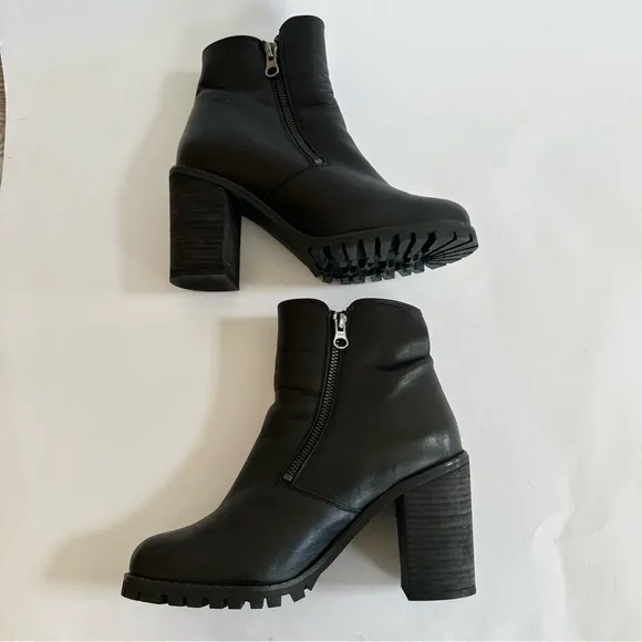 TBA Black Smooth Leather Platform Heel Lug Sole Dual Zipper Ankle Boots Size 8
