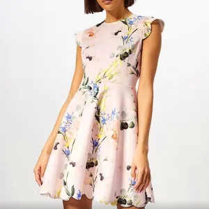 Ted Baker Karsali Elegance Scallop Skater Nude Pink Floral Cap Sleeve Dress 2 XS