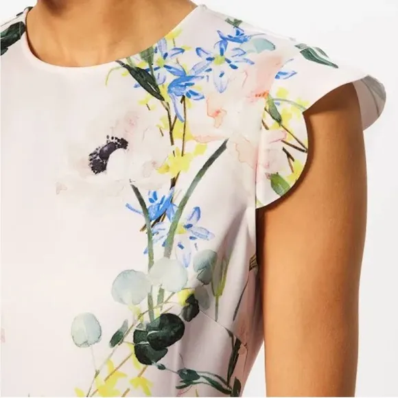 Ted Baker Karsali Elegance Scallop Skater Nude Pink Floral Cap Sleeve Dress 2 XS