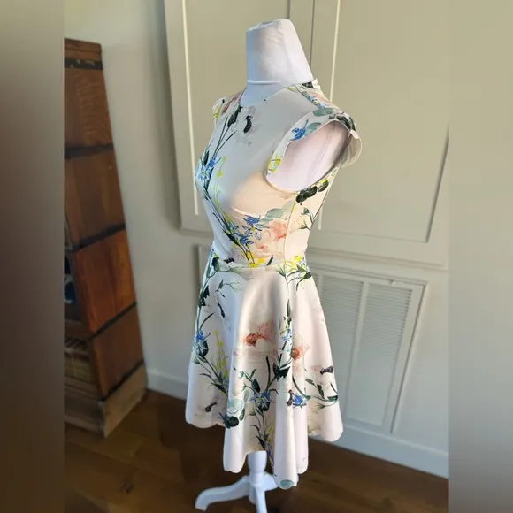 Ted Baker Karsali Elegance Scallop Skater Nude Pink Floral Cap Sleeve Dress 2 XS