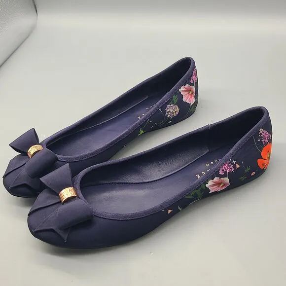 TED BAKER LONDON Ballet Flats Shoes navy floral fabric Bow sz 7  37.5 new