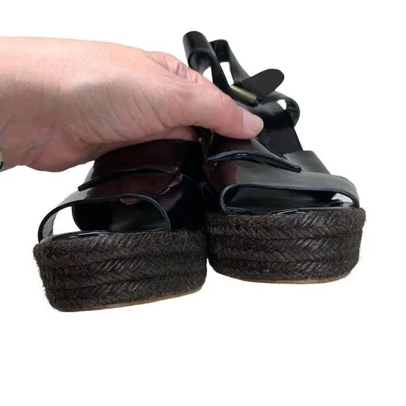Tila March Paris Black Patent Leather Espadrille Wedge Sandals 38