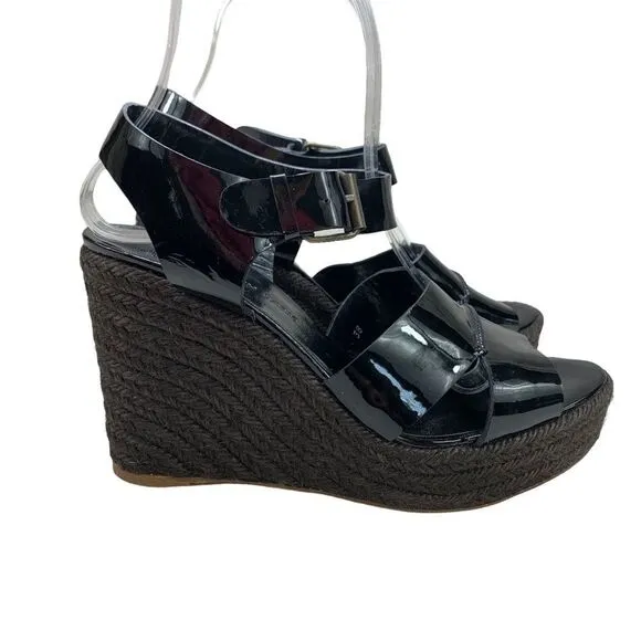 Tila March Paris Black Patent Leather Espadrille Wedge Sandals 38