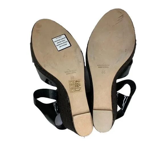 Tila March Paris Black Patent Leather Espadrille Wedge Sandals 38